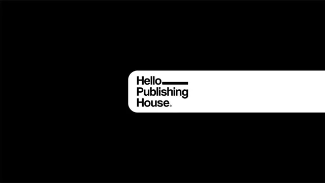 Hello Publishing House wordmark, minimal, monochrome, dark