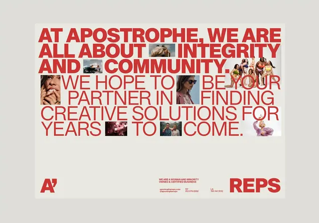 Apostrophe agency brand poster, editorial, corporate-clean, warm