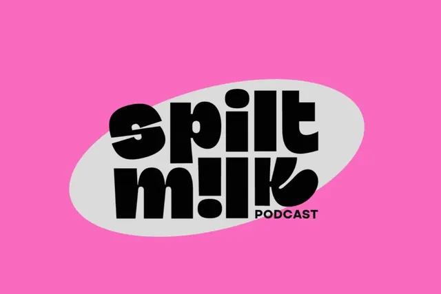Spill the Milk Podcast logo, minimal, playful, dark