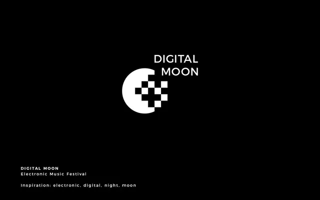 Digital Moon festival logo with pixel-scatter, minimal, geometric, dark