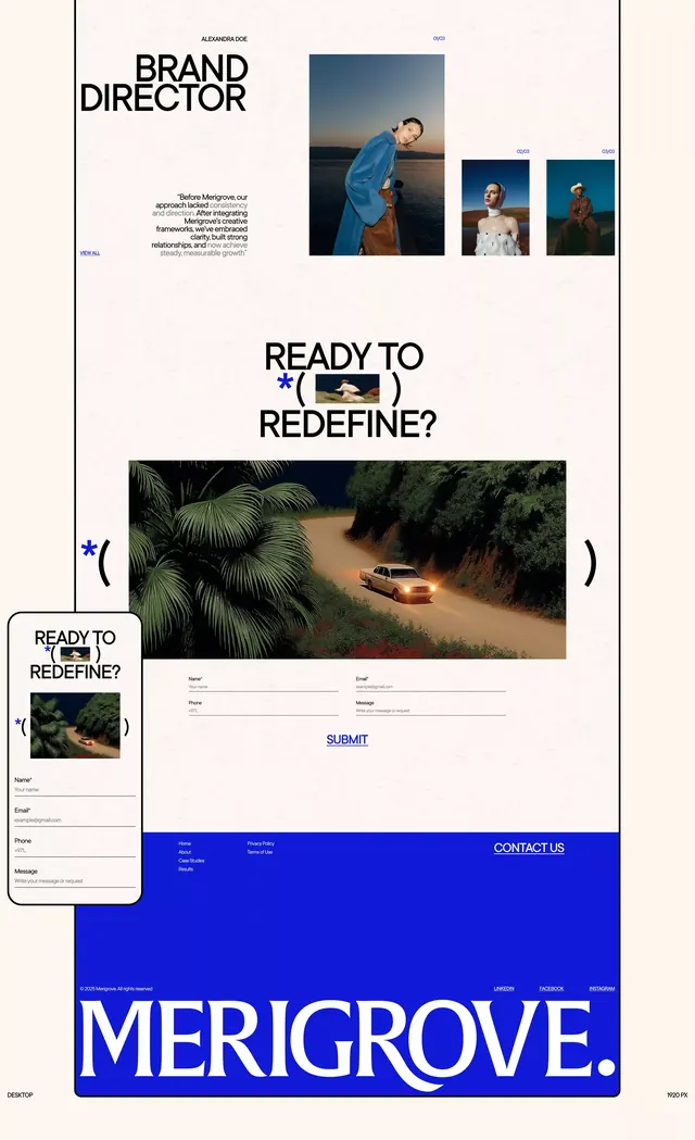 Brutalist brand director portfolio with blue accent, editorial, brutalist, cool