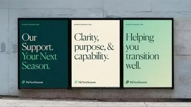 MyNextSeason brand posters with contrasting serif type, minimal, corporate-clean, dark