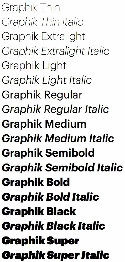 Graphik type family weight scale, minimal, technical, dark