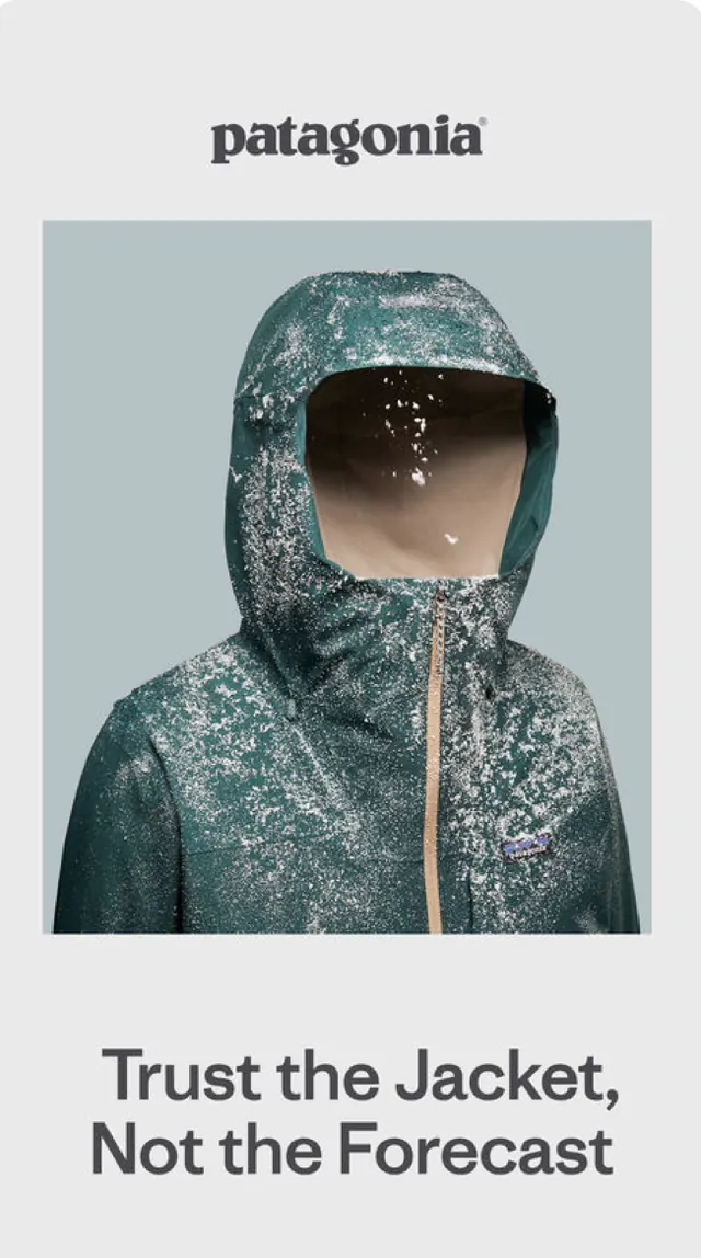 Patagonia jacket campaign with tagline, technical, minimal, cool