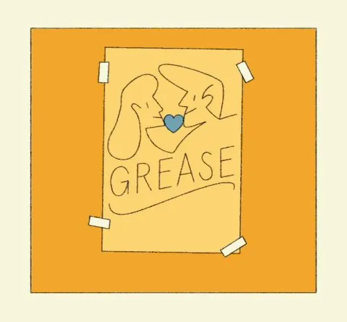 Grease double-profile line drawing, illustrated, line-art, warm