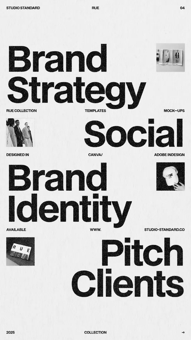 Design studio grid specimen showcasing brand concept hierarchy, minimal, editorial, dark