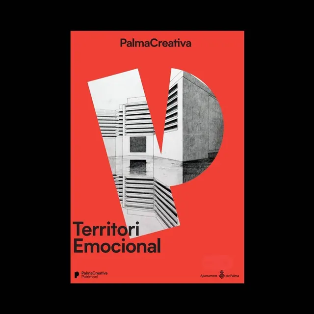 PalmaCreativa architectural poster with red background, neo-brutalist, photographic, dark