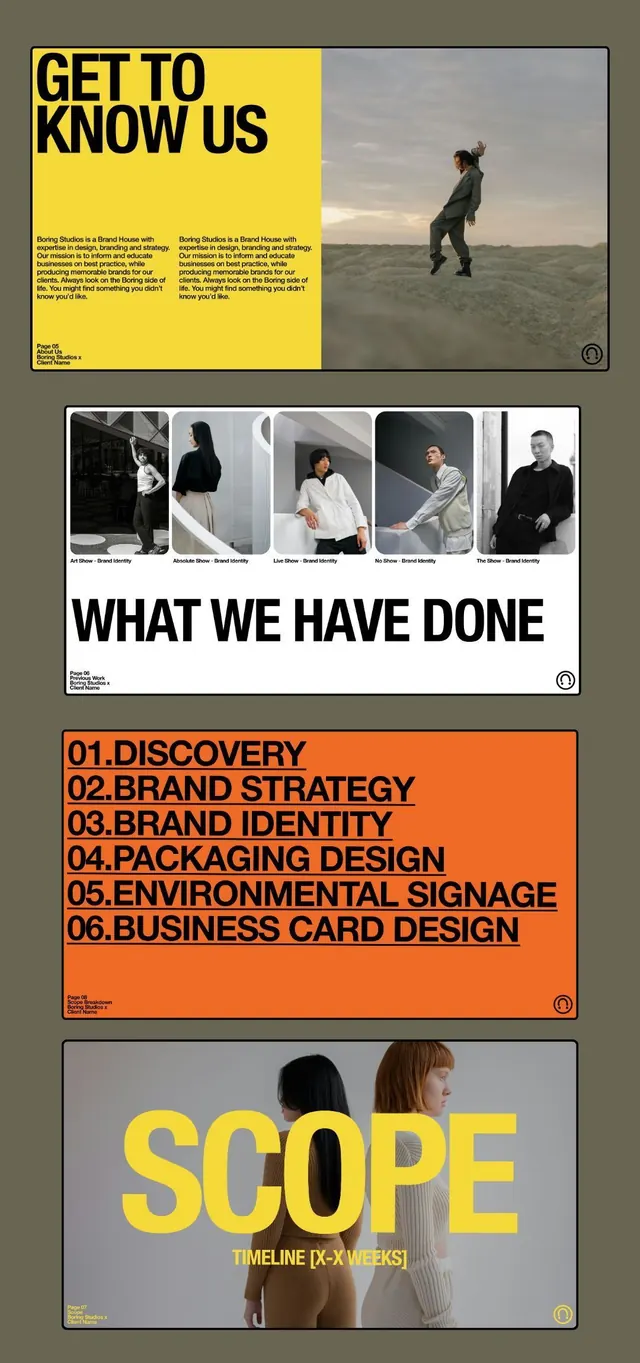 Bold editorial agency portfolio with service ladder, editorial, corporate-clean, warm