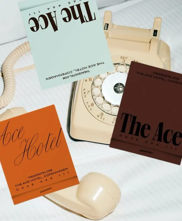 Mid-century modern hotel branding flat-lay, retro, editorial, light