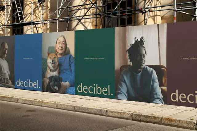 Decibel. audio brand street installation, corporate-clean, minimal, light
