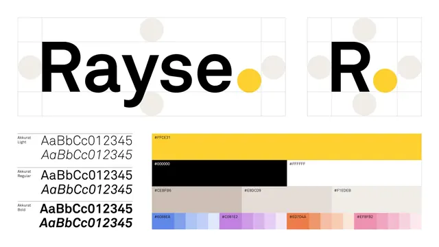 Rayse identity system with type and palette grid, minimal, flat, dark