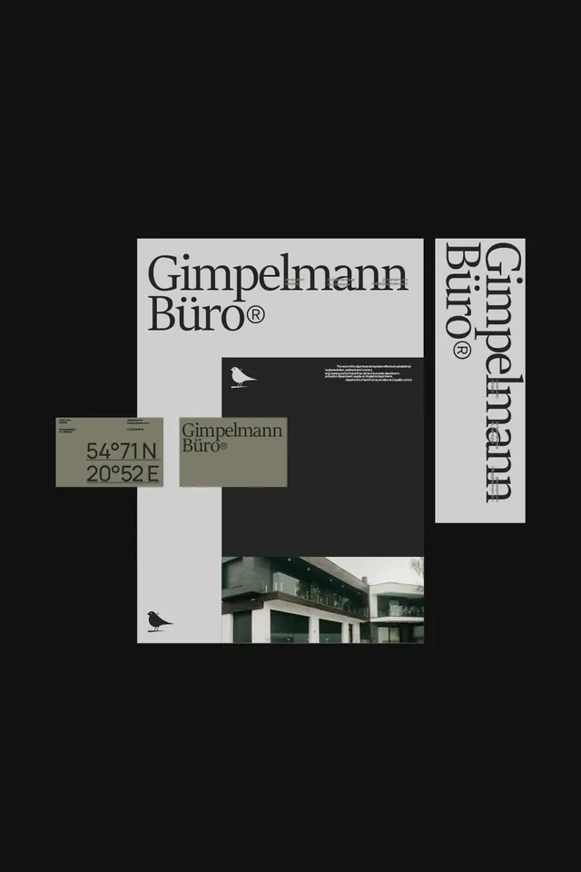 Gimpelmann Büro architectural branding system, minimal, corporate-clean, dark