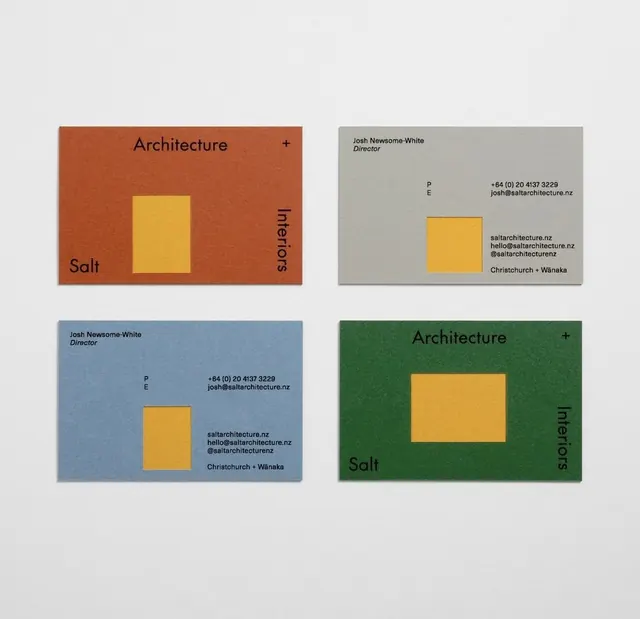 Swiss business card system with golden-rectangle motif, minimal, geometric, warm