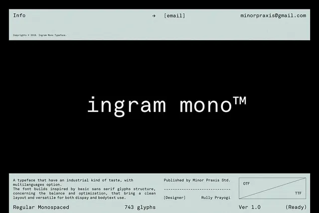 Ingram Mono typeface specimen sheet, minimal, editorial, dark