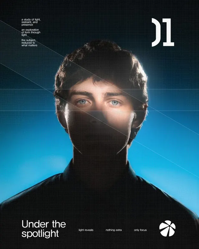 Editorial portrait with geometric overlay and tech branding, minimal, editorial, dark