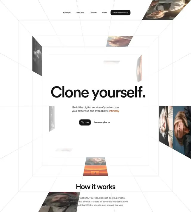 Delphi hero with tilted image frames and grid, minimal, geometric, light