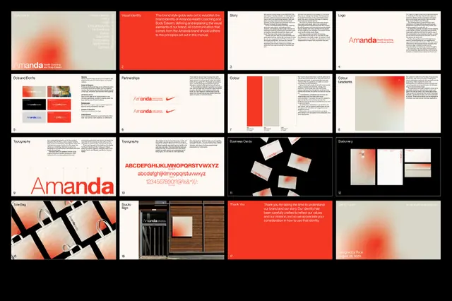 Amanda brand identity system with gradient and wood textures, minimal, geometric, vibrant