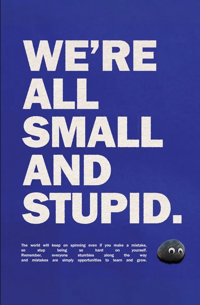Motivational poster with stacked all-caps headline, editorial, minimal, dark