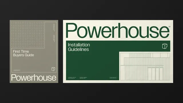Powerhouse brand system with green and grid accents, minimal, corporate-clean, dark