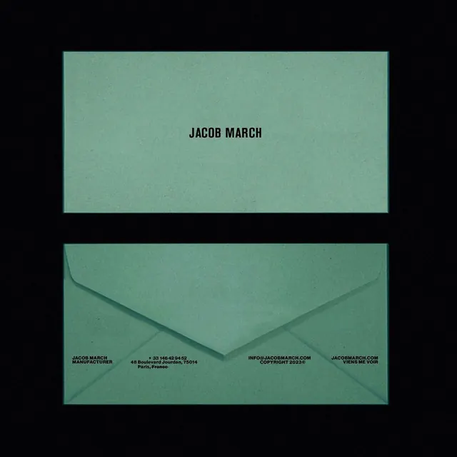 Jacob March minimal envelope and letterhead, minimal, corporate-clean, light