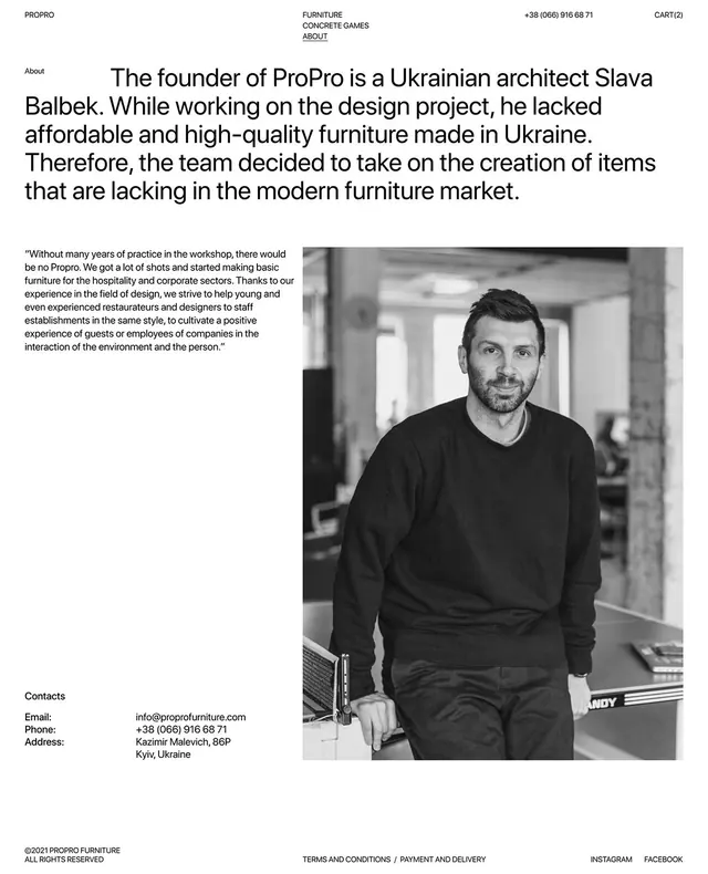 ProPro Furniture founder portrait, monochrome, minimal, dark
