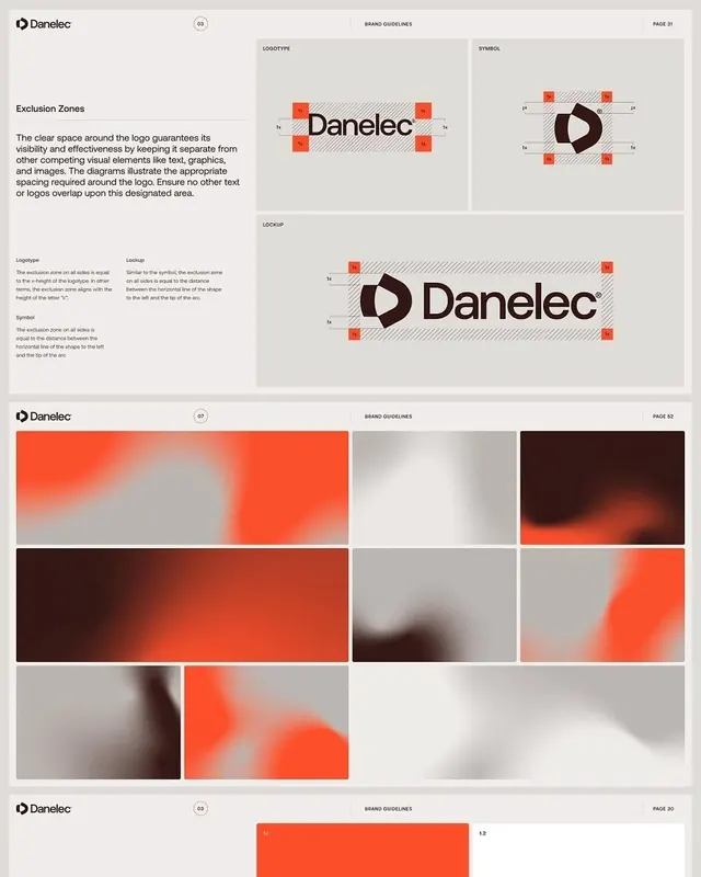 Danelec brand guidelines with modular imagery system, minimal, geometric, dark