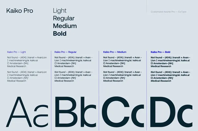 Kaiko Pro: geometric sans-serif weight and metrics specimen, minimal, technical, dark