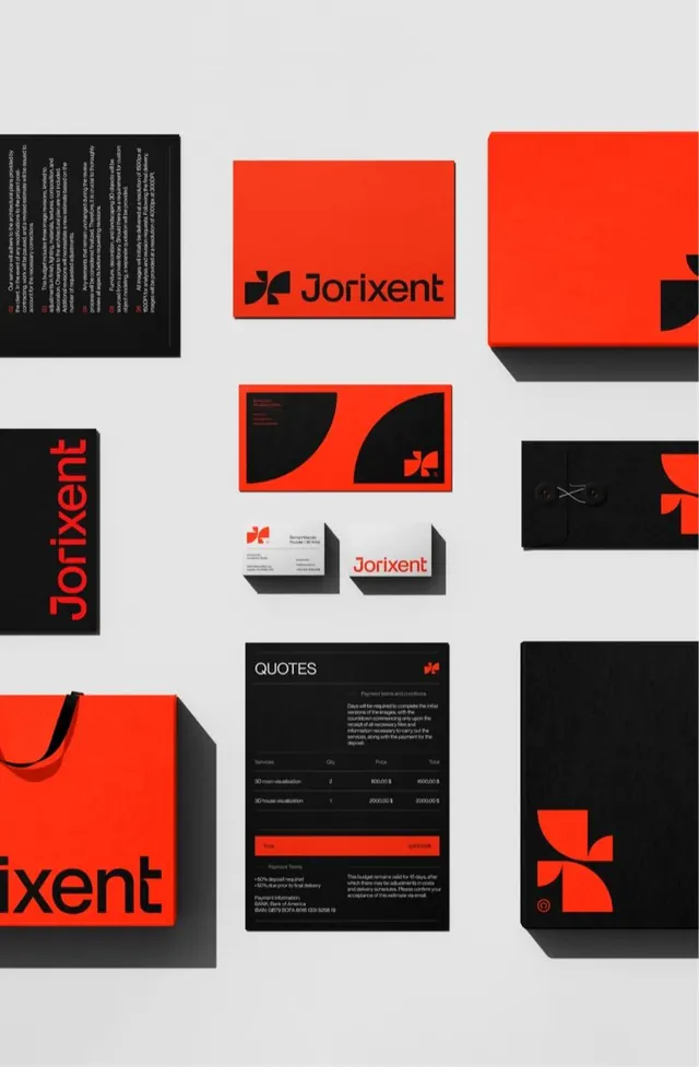 Jorixent: bold bicolor brand identity with geometric mark, minimal, corporate-clean, dark