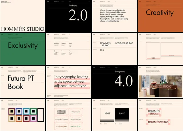 Hommes Studio brand guidelines grid, minimal, editorial, dark