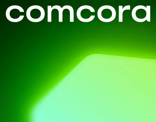 Comcora gradient wordmark, minimal, gradient-heavy, vibrant