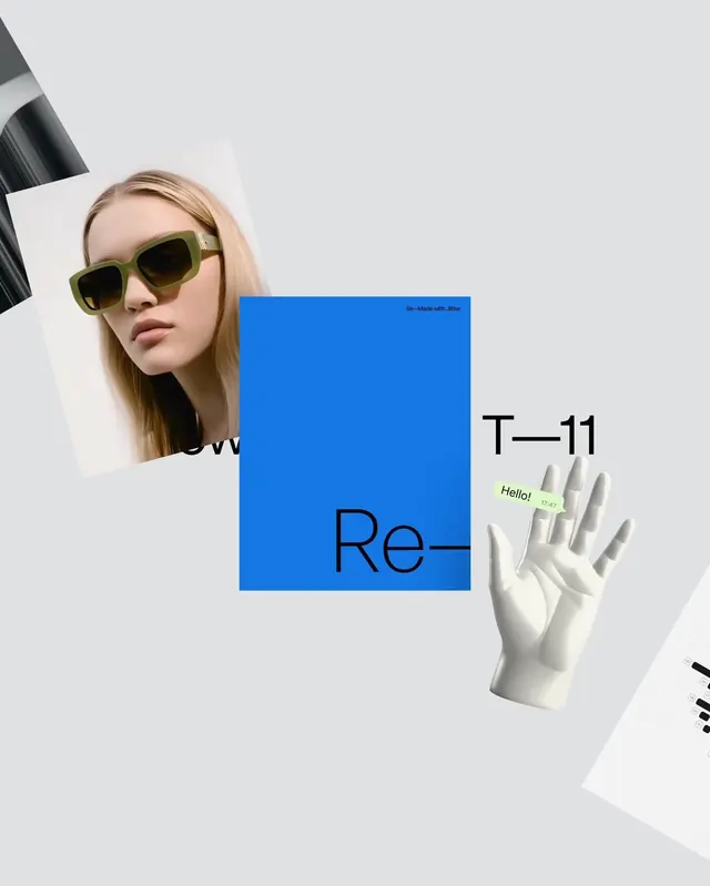 Re-Made editorial collage with portrait, color block, and hand mockup, editorial, minimal, light