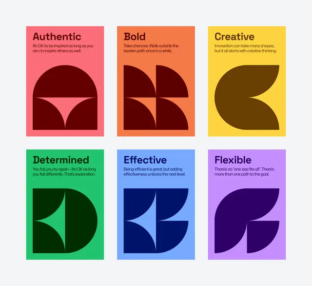 Six-value brand card system, geometric, flat, vibrant