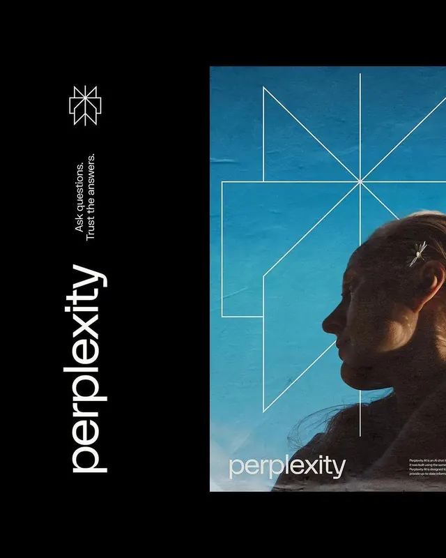 Perplexity brand identity with geometric line structure, minimal, geometric, dark