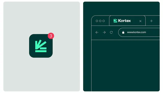 Kortex app icon and interface mockup, minimal, flat, dark