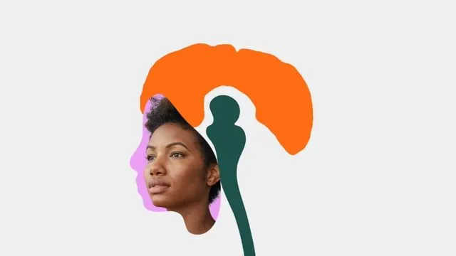 Silhouette portrait with organic orange and teal shapes, abstract, minimal, warm