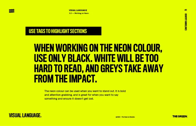 Neon yellow brand guideline page with high-contrast rules, minimal, editorial, high-contrast