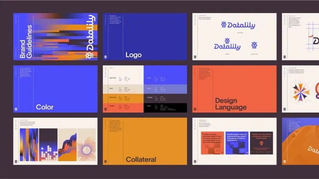 Datalily brand identity system with blue and orange geometric language, minimal, geometric, warm