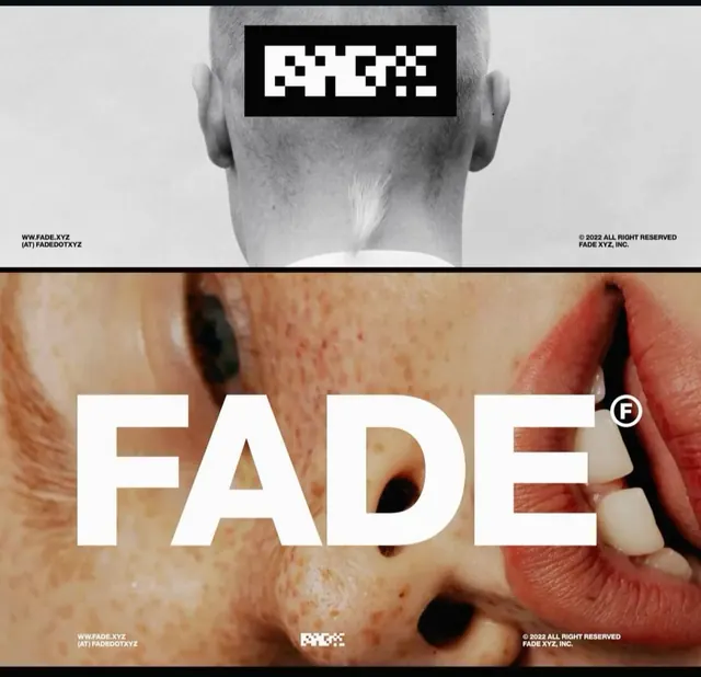 FADE typeface specimen with pixelated and photographic letterforms, editorial, photographic, dark