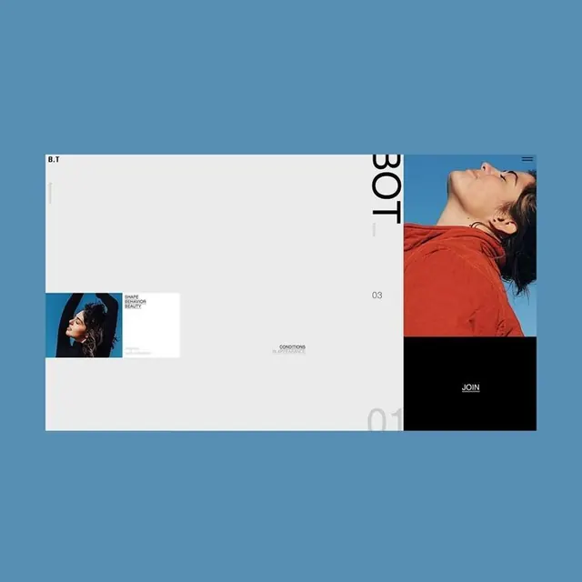 BOT portfolio layout with muted blue background, minimal, editorial, light