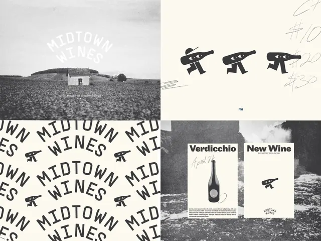 Midtown Wines identity system, landscape and bottle mark, minimal, monochrome, dark