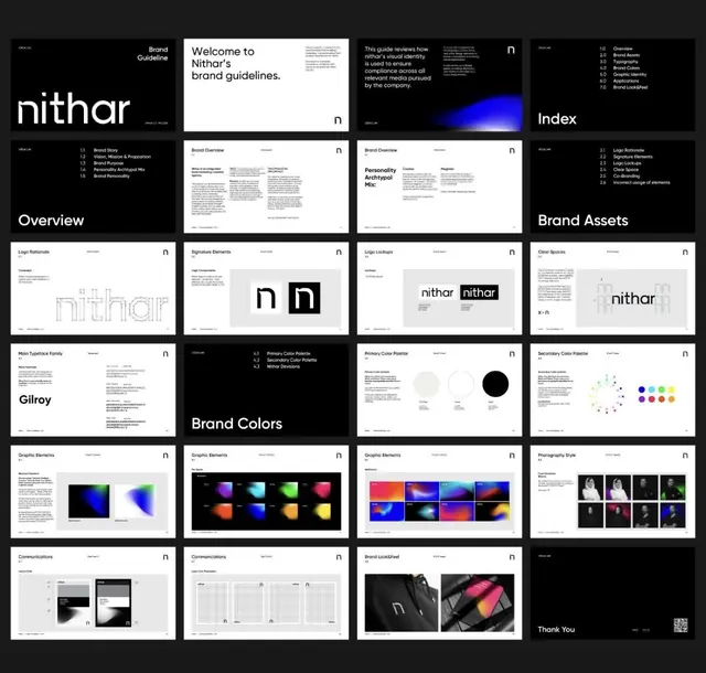 Nithar brand guidelines overview grid, minimal, corporate-clean, dark