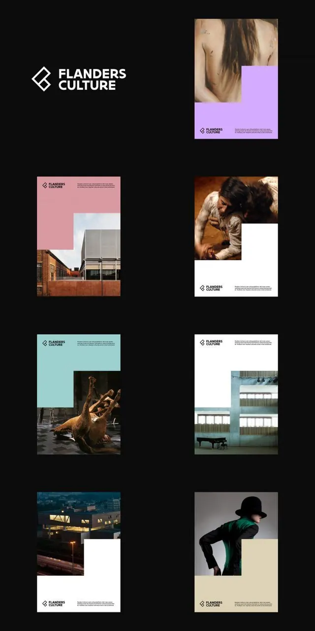 Flanders Culture brand identity system, minimal, editorial, dark