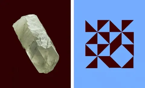 Mineral specimen and geometric grid diptych, geometric, abstract, cool