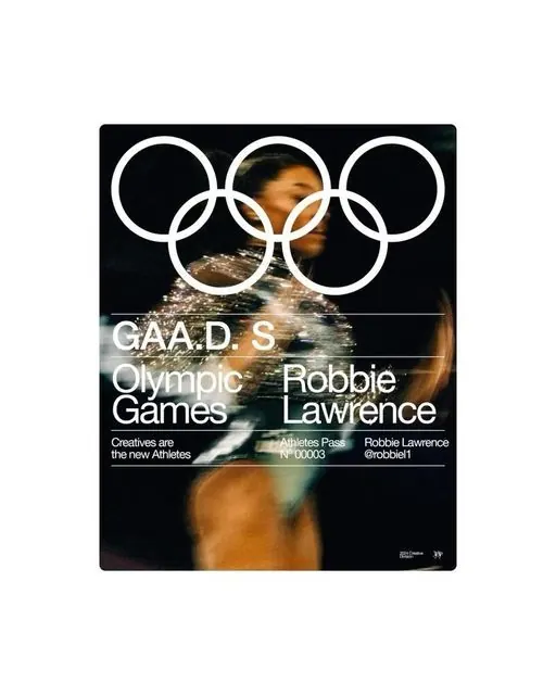 Olympic Games athlete portrait with overlaid rings, editorial, dark-mode, dark