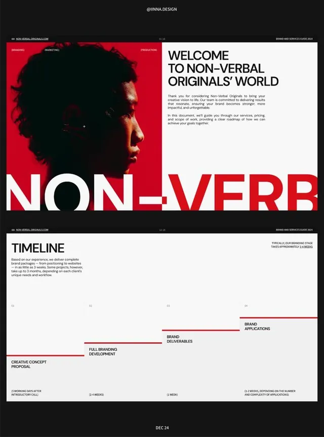 Bold red-and-black editorial split-screen branding, brutalist, editorial, warm