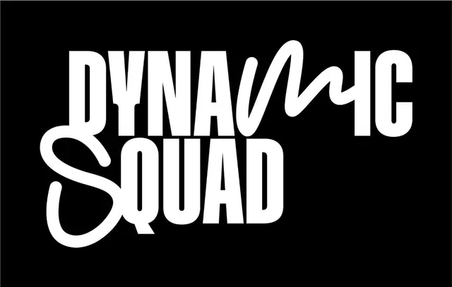 Dynamic Squad display wordmark, minimal, playful, dark
