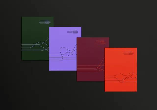 Four-panel color-blocked editorial identity, minimal, geometric, warm