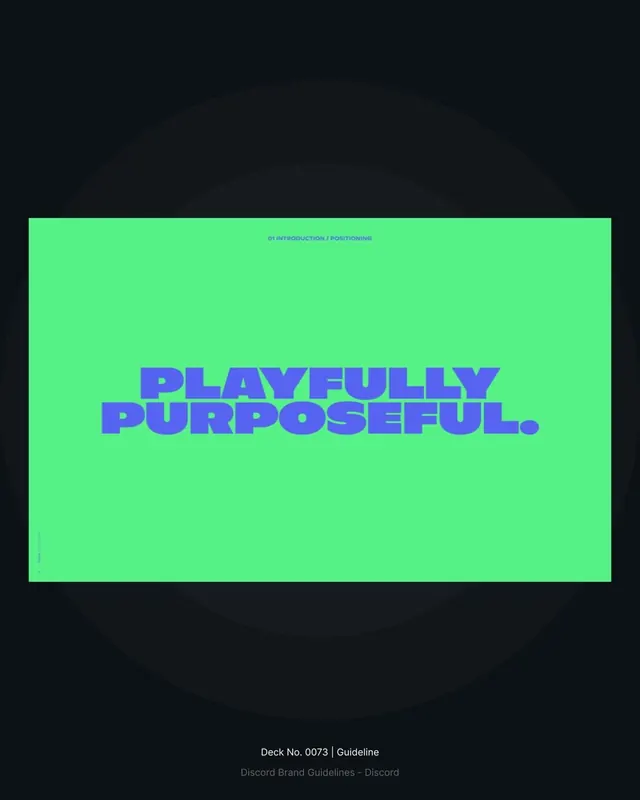 Discord brand positioning slide: Playfully Purposeful, minimal, high-contrast