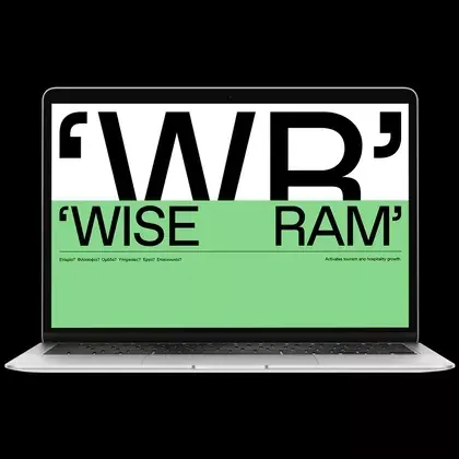 WiSE RAM type specimen in laptop mockup, minimal, dark