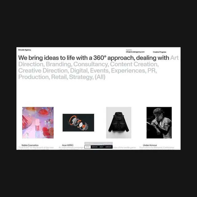 Circular Agency portfolio grid with case studies, minimal, corporate-clean, light